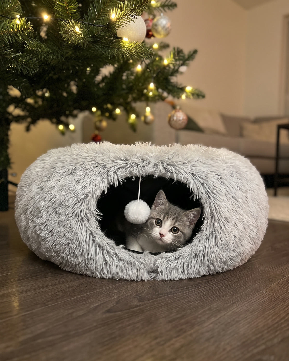 Tunel pod choinkę dla kota – pluszowy